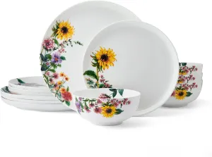 Mikasa Garden of Petals Bone China Lightweight Chip Resistant 12 Piece Dinnerware Set, Service for 4, White