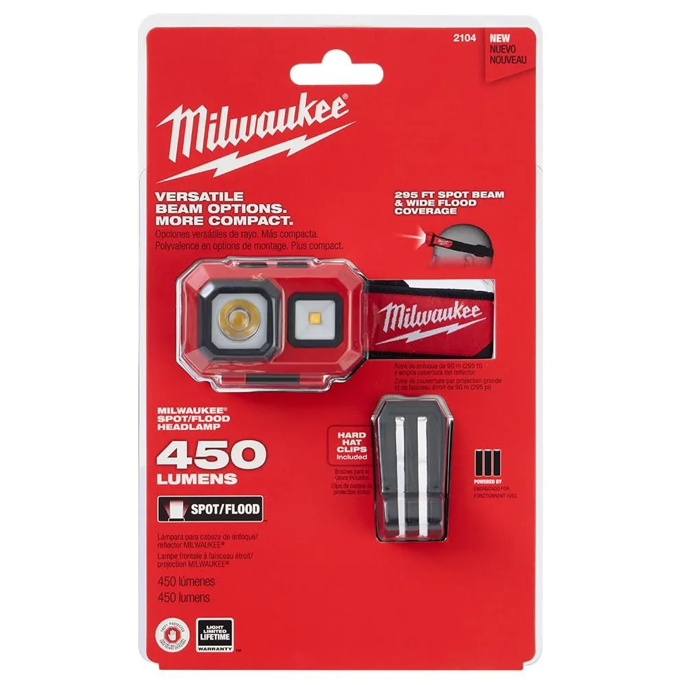 Milwaukee 2104 Spot Flood 450 Lumens Adjustable Hard Hat Headlamp Light