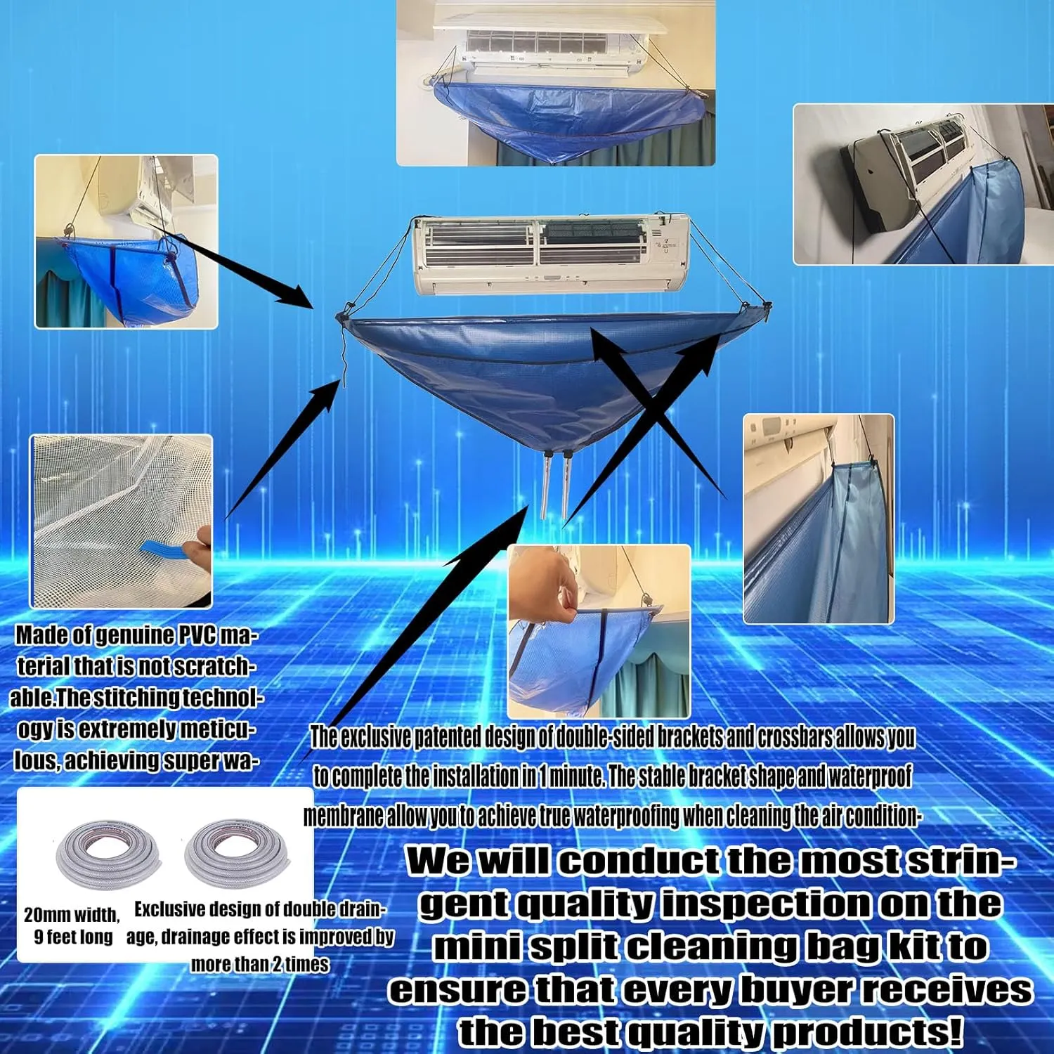 Mini Split Cleaning Bag Kit，Non-Contact High-Efficiency Mini Split Cleaning System with Double Drainage Function and Stable Bracket Design(27PCS,Blue,Large Size)