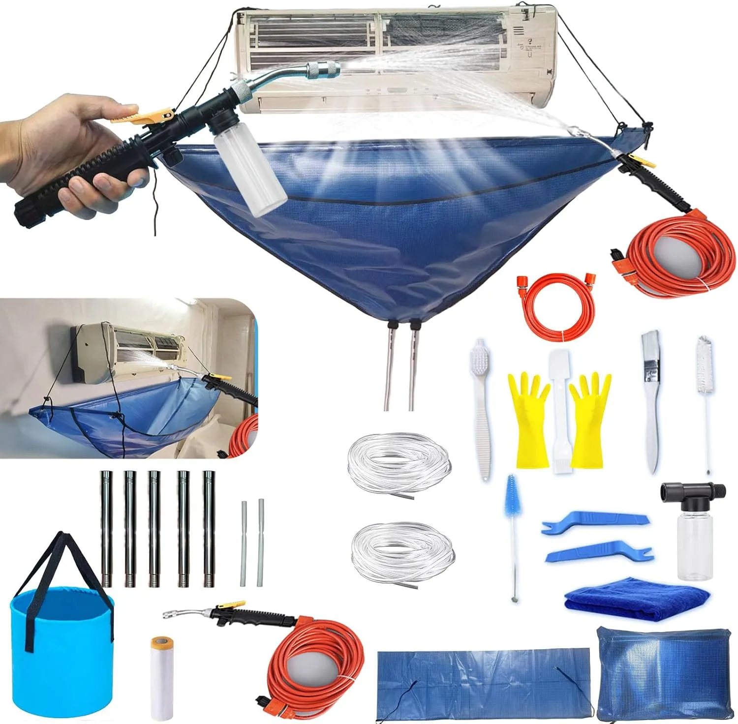 Mini Split Cleaning Bag Kit，Non-Contact High-Efficiency Mini Split Cleaning System with Double Drainage Function and Stable Bracket Design(27PCS,Blue,Large Size)