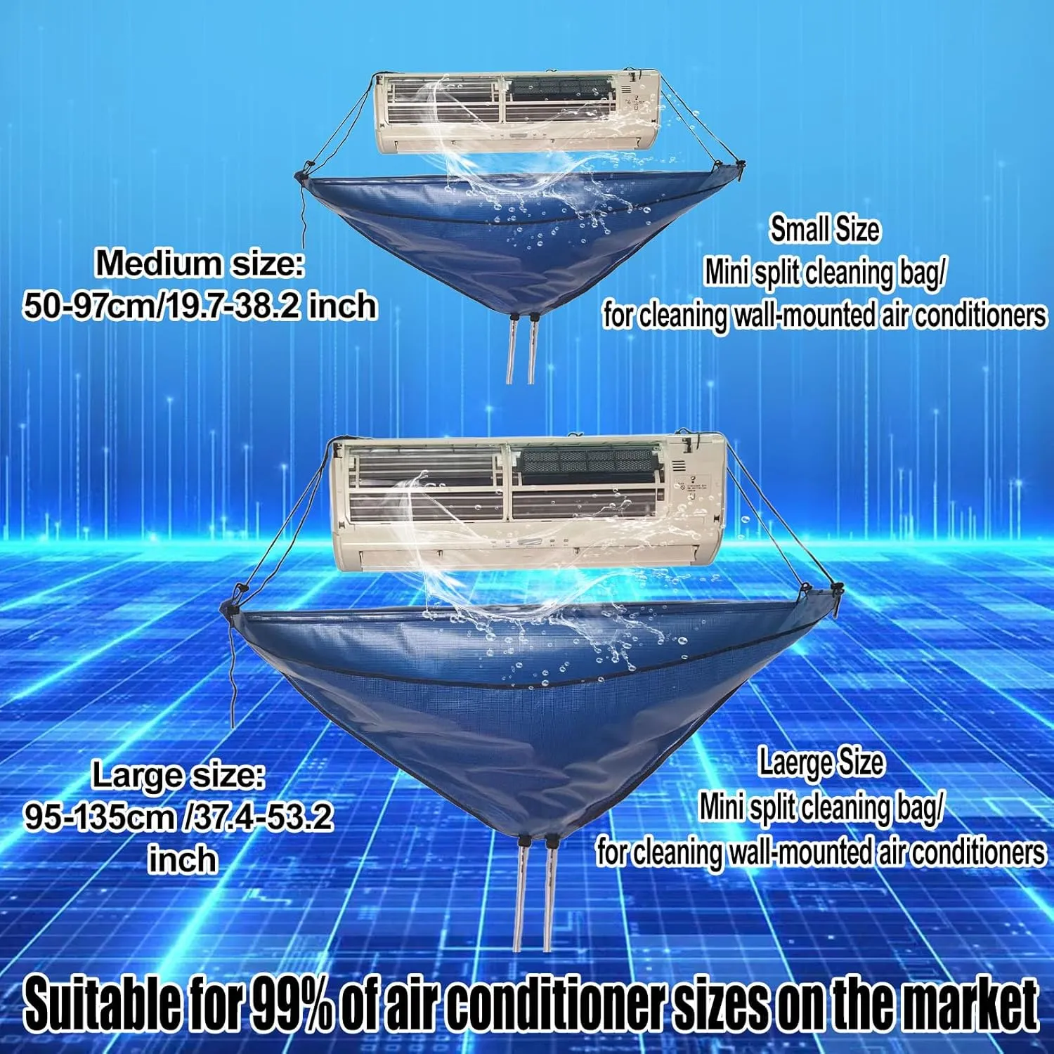 Mini Split Cleaning Bag Kit，Non-Contact High-Efficiency Mini Split Cleaning System with Double Drainage Function and Stable Bracket Design(27PCS,Blue,Large Size)