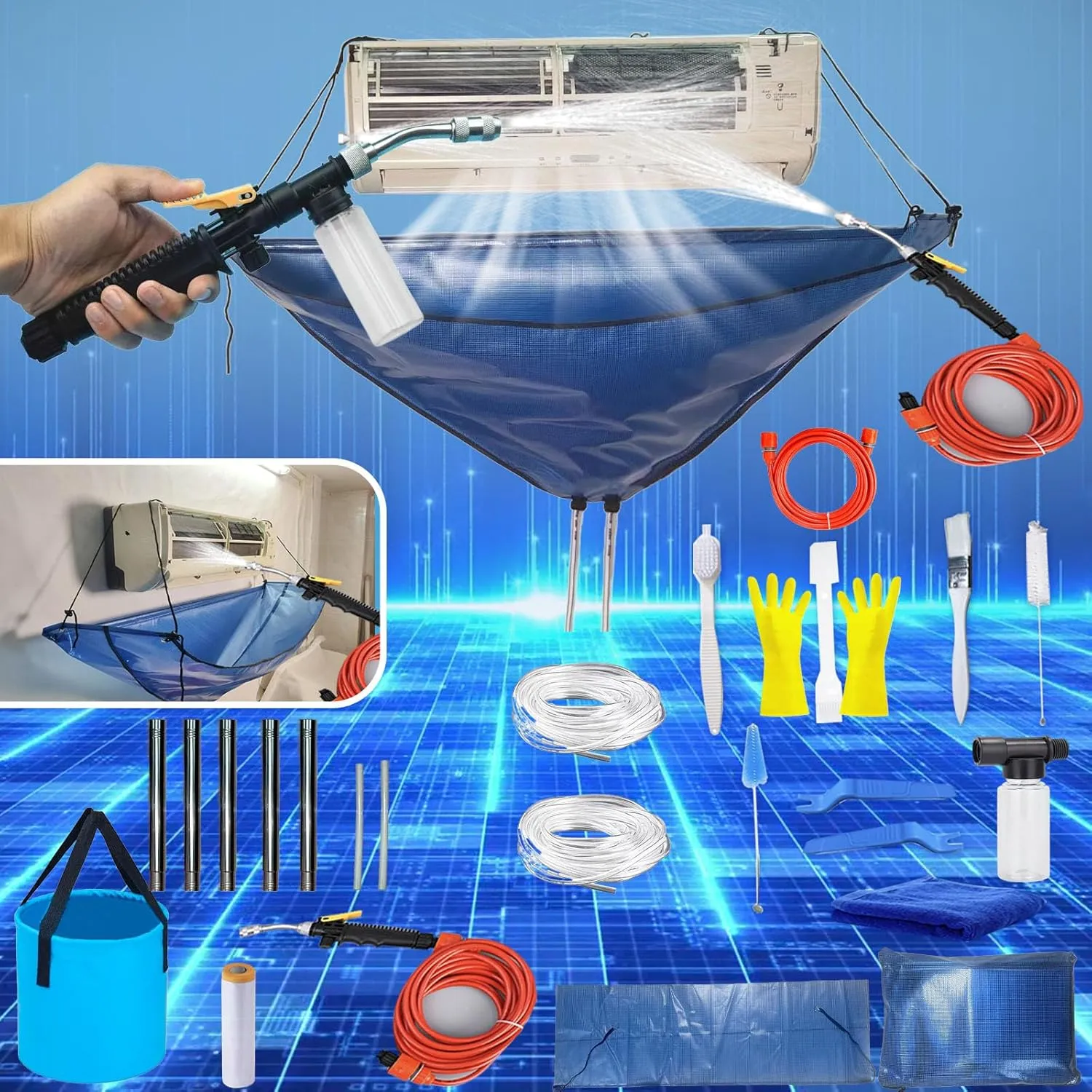 Mini Split Cleaning Bag Kit，Non-Contact High-Efficiency Mini Split Cleaning System with Double Drainage Function and Stable Bracket Design(27PCS,Blue,Large Size)
