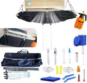 Mini Split Cleaning Kit Bag,Split Ac Unit Cleaning Bag Kit for Cleaning Wall-Mounted Air Conditioners and Duct Units (Black, 21 PCS with Kettle, Size: 33-122 Cm 15.35-48 Inches