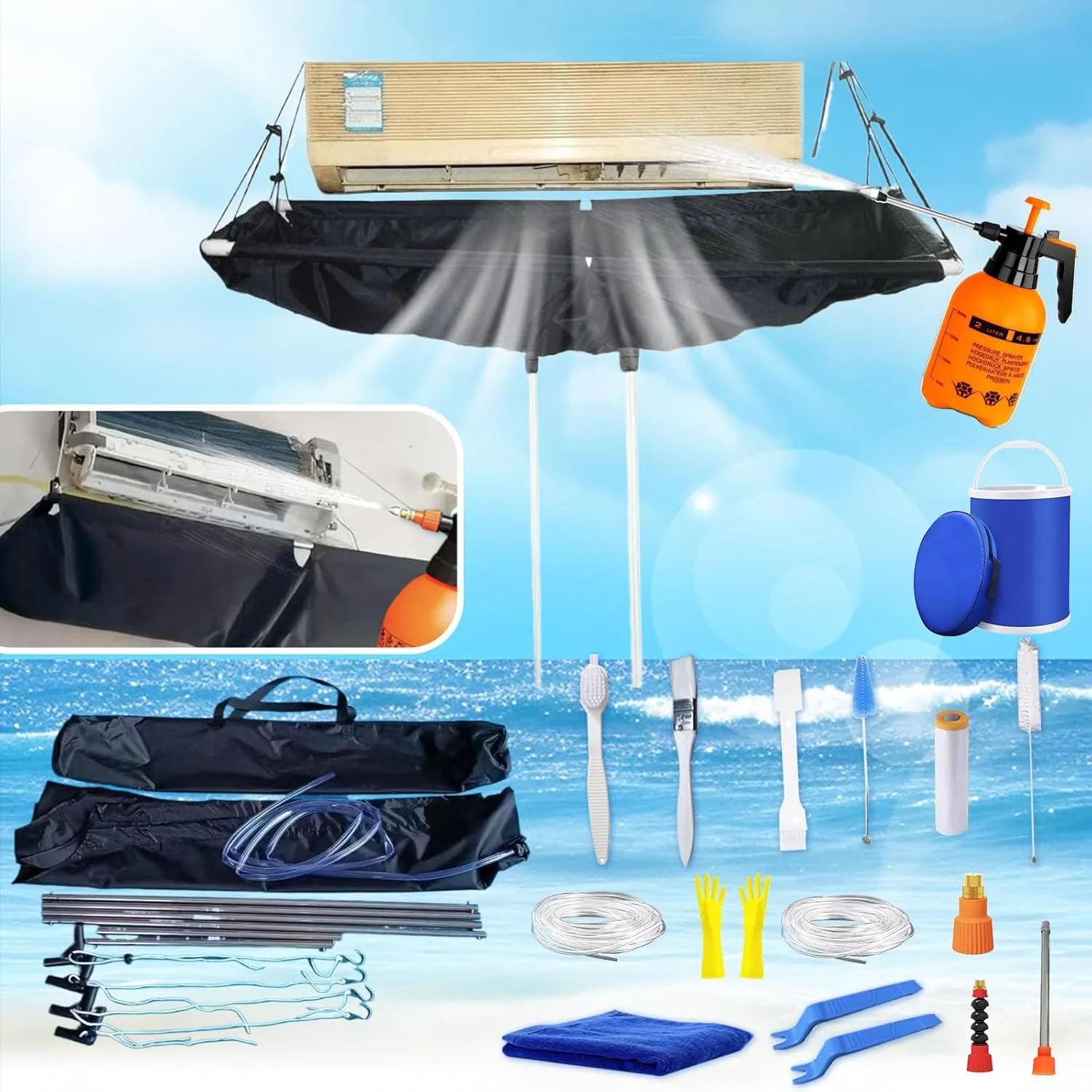 Mini Split Cleaning Kit Bag,Split Ac Unit Cleaning Bag Kit for Cleaning Wall-Mounted Air Conditioners and Duct Units (Black, 21 PCS with Kettle, Size: 33-122 Cm 15.35-48 Inches