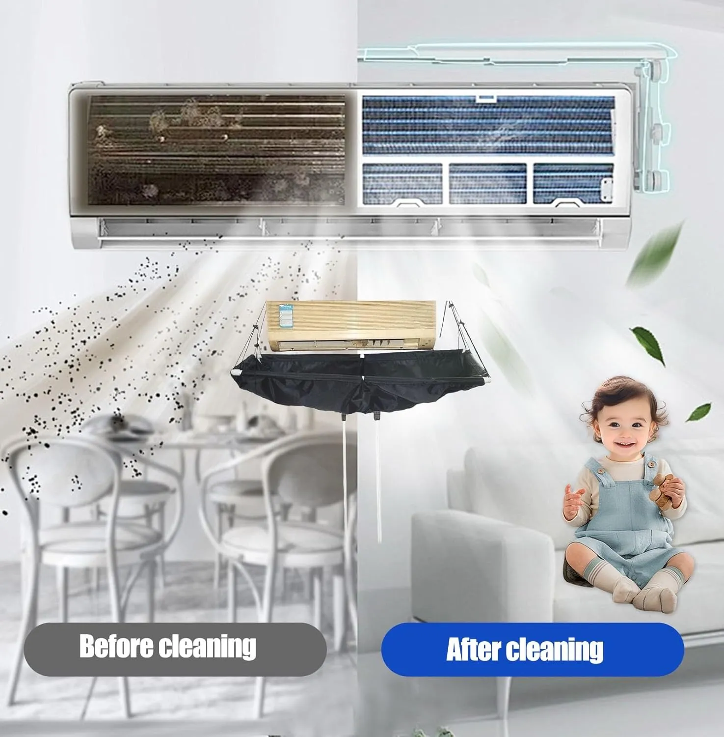 Mini Split Cleaning Kit Bag,Split Ac Unit Cleaning Bag Kit for Cleaning Wall-Mounted Air Conditioners and Duct Units (Black, 21 PCS with Kettle, Size: 33-122 Cm 15.35-48 Inches