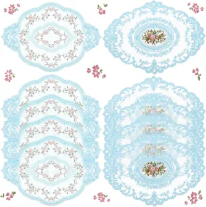 Mixweer 10 Pcs Blue Retro Lace Placemats Oval Embroidered Table Place Mats French Crochet Doilies Vintage Coasters Cup Mat 12'' x 16'' for Wedding Cup Vase Table Decor