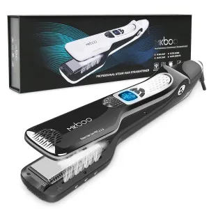 MKBOO Hair Straightener with Steam, Salon Professional Nano Titanium Ceramic Steam Flat Iron with Removable Comb Digital LCD 5 Level Adjustable Temperature Auto Temperature Lock Black
