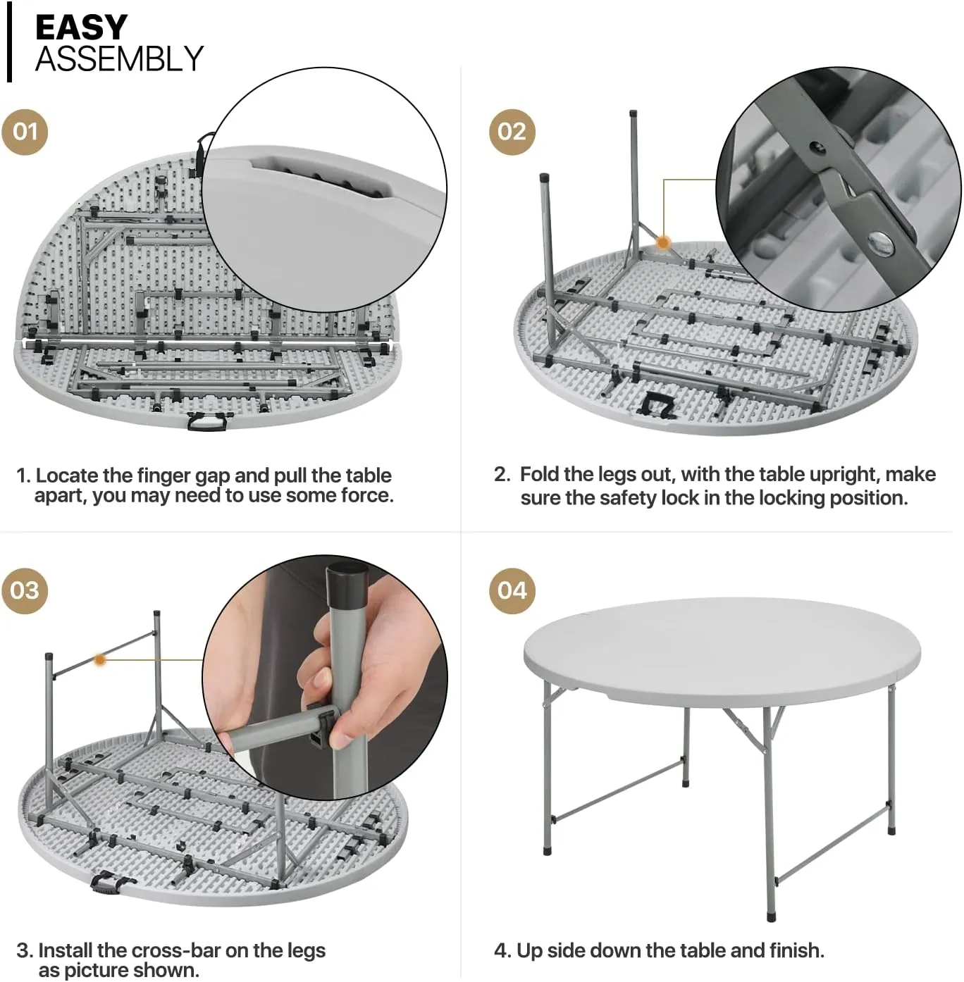 MoNiBloom 4.5Ft Round Folding Table, Indoor Outdoor Plastic Dining Card Table with Handle and Lock for Picnic Party Banquet Wedding, Gray