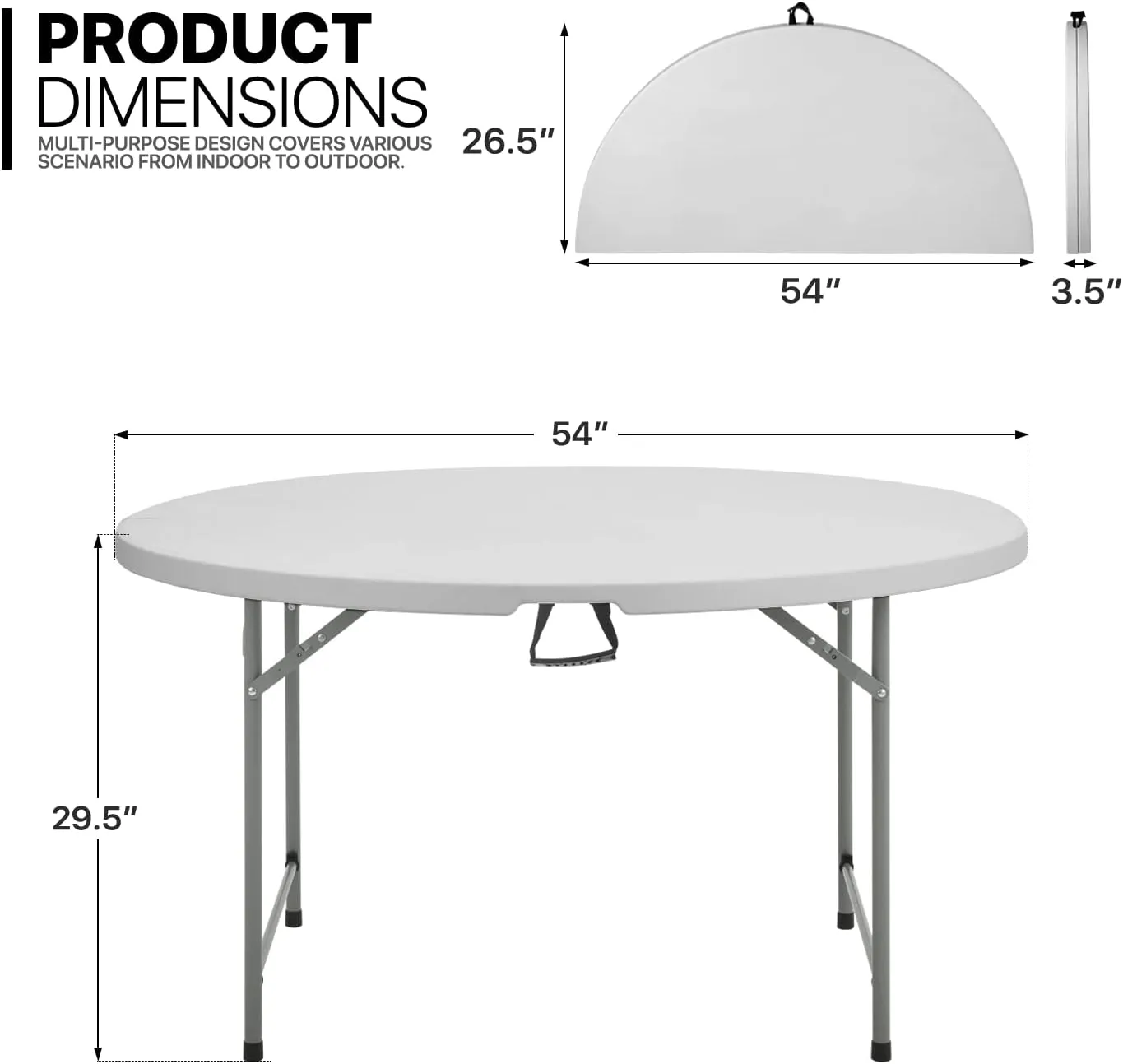 MoNiBloom 4.5Ft Round Folding Table, Indoor Outdoor Plastic Dining Card Table with Handle and Lock for Picnic Party Banquet Wedding, Gray