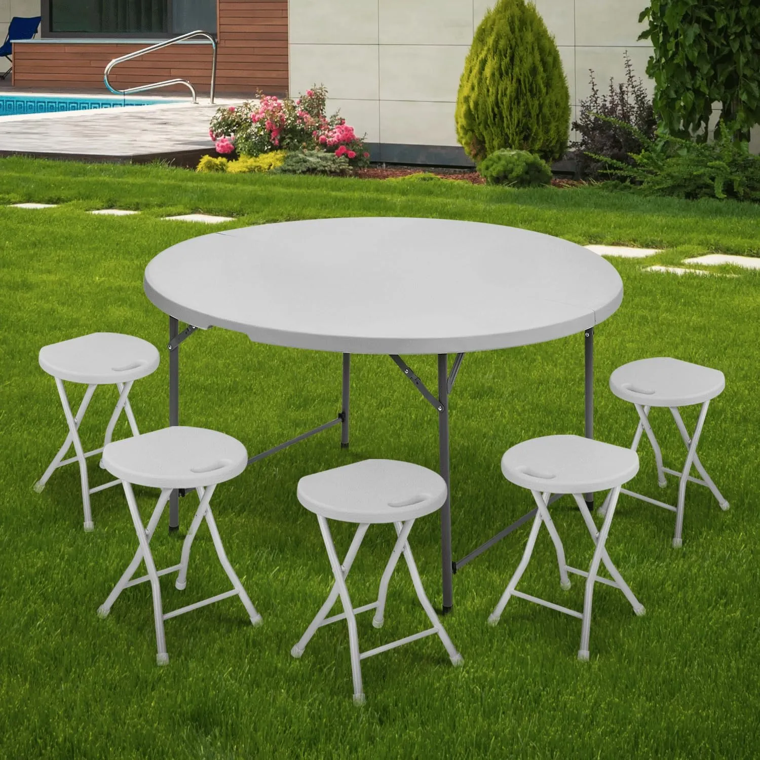 MoNiBloom 4.5Ft Round Folding Table, Indoor Outdoor Plastic Dining Card Table with Handle and Lock for Picnic Party Banquet Wedding, Gray