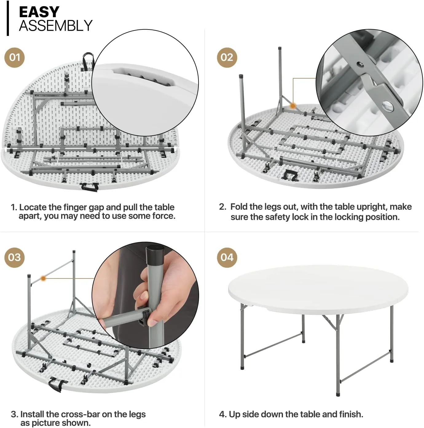MoNiBloom 5Ft Round Folding Table, Indoor Outdoor Plastic Dining Card Table with Handle and Lock for Picnic Party Banquet Wedding, White Toptable Gray Legs