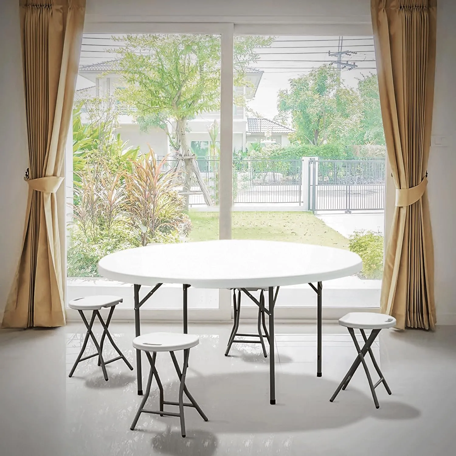 MoNiBloom 5Ft Round Folding Table, Indoor Outdoor Plastic Dining Card Table with Handle and Lock for Picnic Party Banquet Wedding, White Toptable Gray Legs