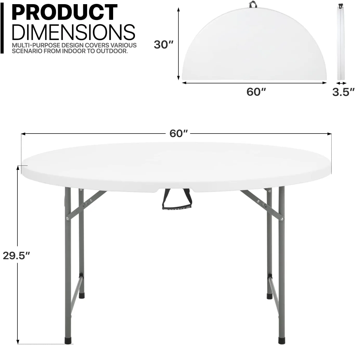 MoNiBloom 5Ft Round Folding Table, Indoor Outdoor Plastic Dining Card Table with Handle and Lock for Picnic Party Banquet Wedding, White Toptable Gray Legs