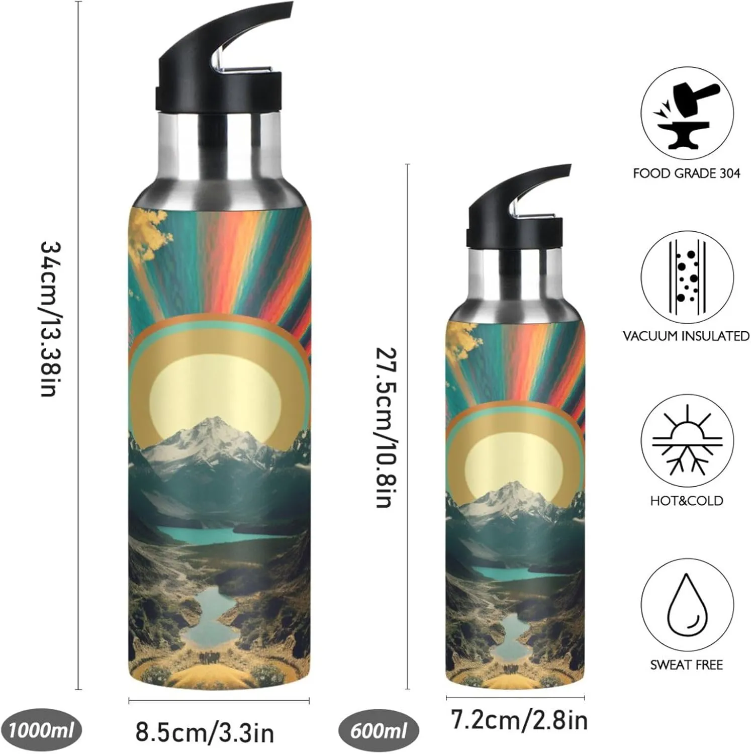 Mountain Range Stainless Steel Vacuum Insulated Water Bottle with Wide Loop Handle Keeps Hot & Cold,Leakproof Lids - For Sport,Travel,Picnic,Camping | 1000ml