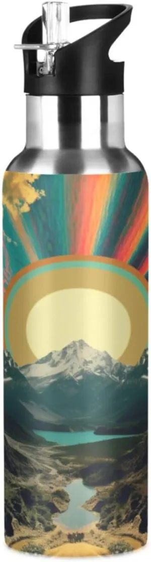 Mountain Range Stainless Steel Vacuum Insulated Water Bottle with Wide Loop Handle Keeps Hot & Cold,Leakproof Lids - For Sport,Travel,Picnic,Camping | 1000ml