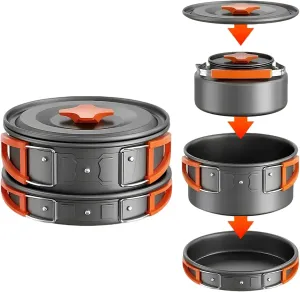 Multifunctional Cooking Frying Pan 5 PCS Camping Cookware Mess Kit Utensils Lightweight Stackable Pot Pan