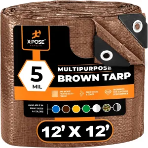 Multipurpose Protective Cover Brown Poly Tarp 12' x 12' - Durable, Water Resistant, Weather Resistant - 5 Mil Thick Polyethylene - by Xpose Safety