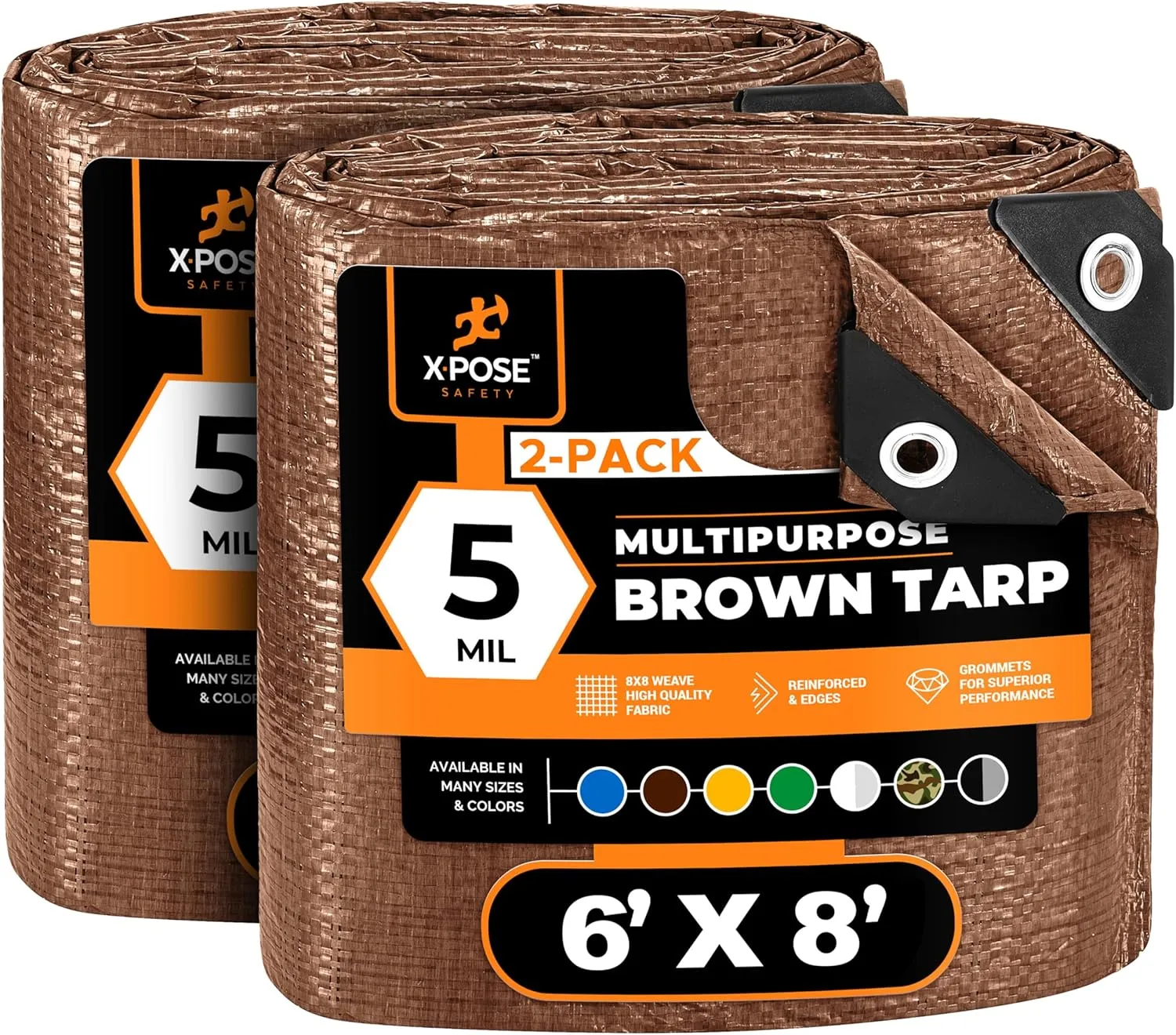 Multipurpose Protective Cover Brown Poly Tarp 6' x 8' (2-Pack) - Durable, Water Resistant, Weather Resistant - 5 Mil Thick Polyethylene - by Xpose Safety