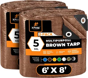 Multipurpose Protective Cover Brown Poly Tarp 6' x 8' (2-Pack) - Durable, Water Resistant, Weather Resistant - 5 Mil Thick Polyethylene - by Xpose Safety