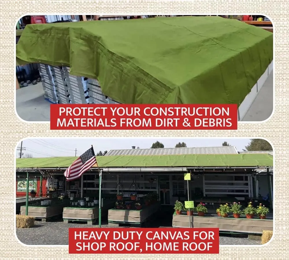 Mytee Products 20' x 30' 12oz Green Canvas Tarp with Grommets - Water Resistant - Heavy Duty Canvas Tarps - Multipurpose Tarpaulin Cover for Canopy Tent, Roof, Camping, Semi Trucks & Cargo