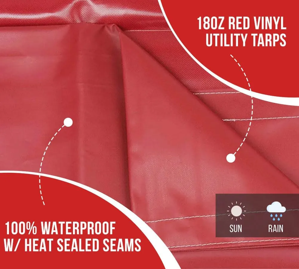 Mytee Products 6' x 8' Heavy Duty Waterproof Tarp with Grommets Red - 18oz Vinyl Utility Tarp UV Resistant, Multipurpose, Cars, Boats, Campers, Pool Cover, Tent