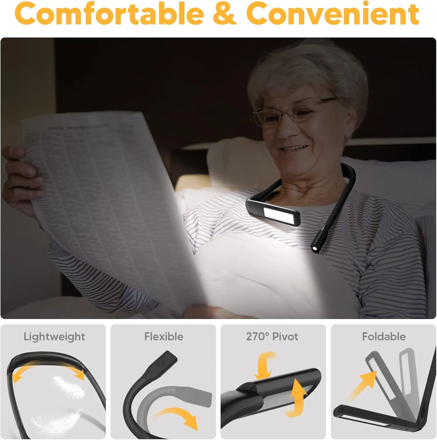 Neck Reading Light Book Lovers Gifts, Rechargeable 2000mAh 10-80Hrs Eye-friendly Wide Lamp Book Light, Birthday Christmas Stocking Stuffers for Men Women Readers, Camping Knitting Crochet Accessories