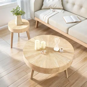 Nesting Round Oak Wood Coffee Table Set of 2 for Living Room - Wooden Circle Coffee Table ＆ End Table Side Tables for Apartment (Light Brown,31x31x14 in)