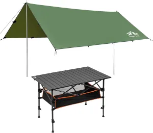 Night Cat Camping Table Foldable with Camping Tarp Tarp Poles Easy Set Up for BBQ Picnic Garden Backyard Beach Camping Table Combo Set