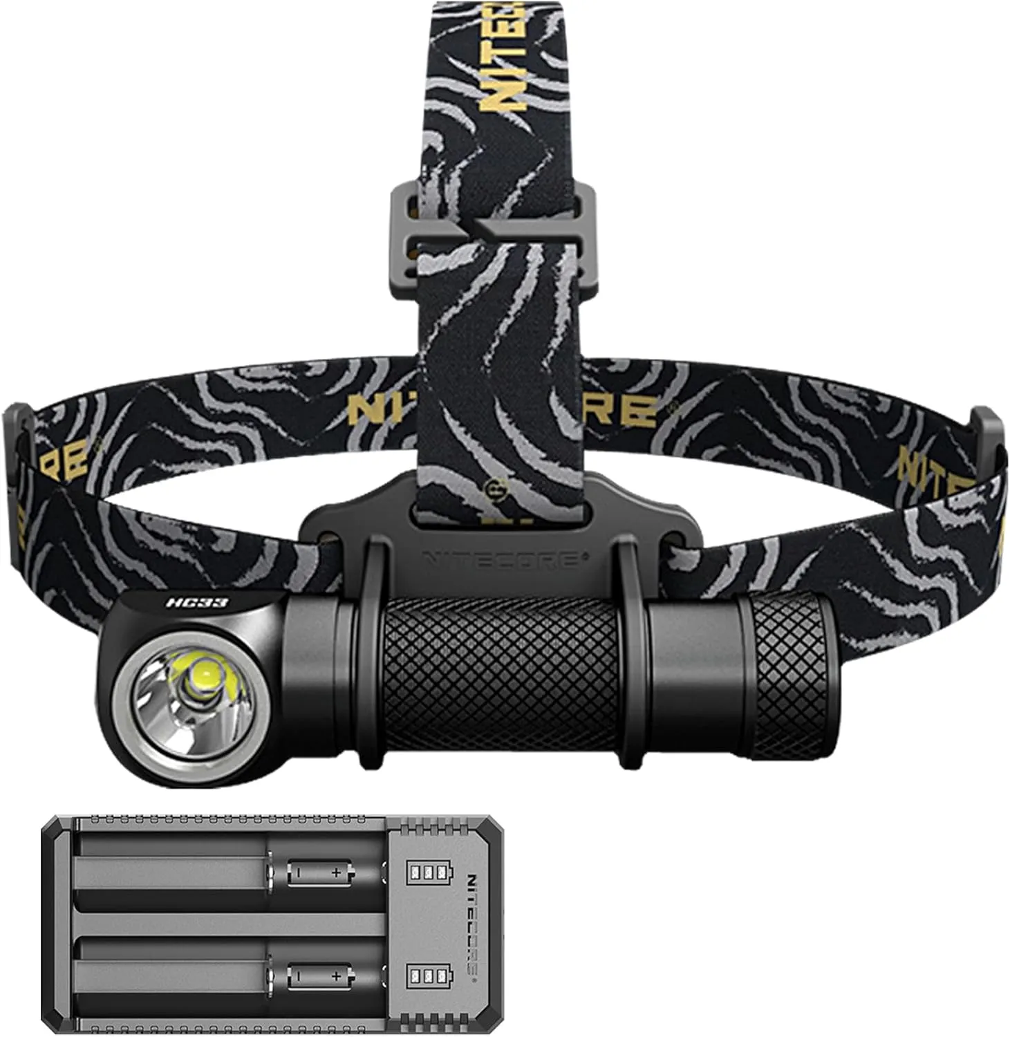 Nitecore HC33 1800 Lumen Versatile L-Shaped LED Headlamp with a 2-Channel USB Smart Charger Set