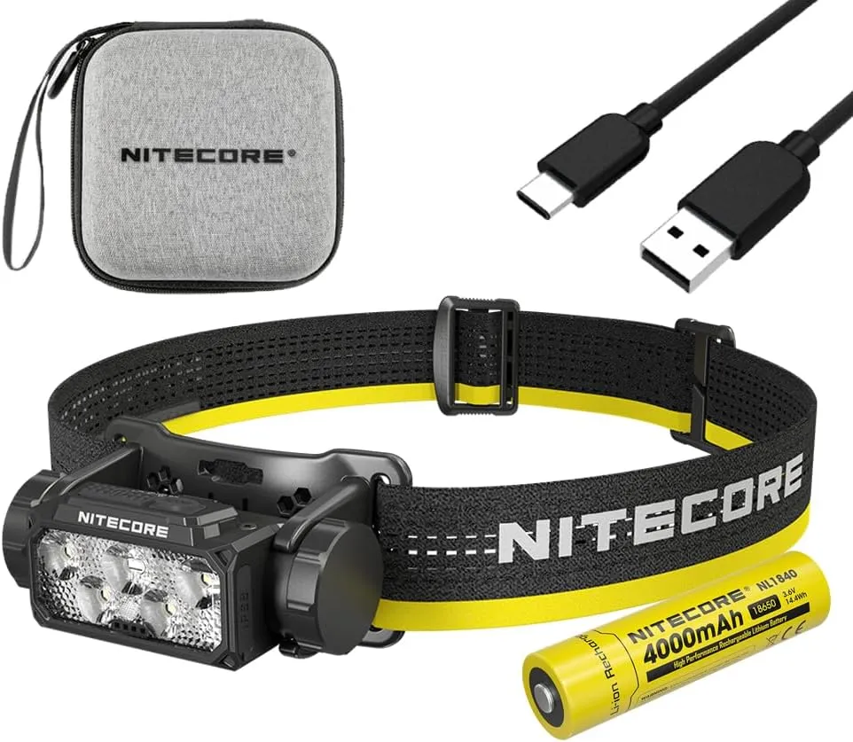 Nitecore HC60 UHE Rechargeable LED Headlamp 1600 Lumens with 3400mAh Batteries & Eco-Sensa Wall Adapter