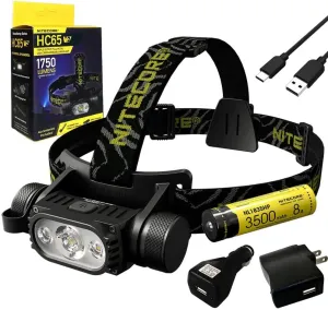 Nitecore HC65 V2 Rechargeable Headlamp -1750 Lumens w/ NL1835HP Battery, USB Wall and Car Adapters, and Eco- Sensa USB-C Cable Included