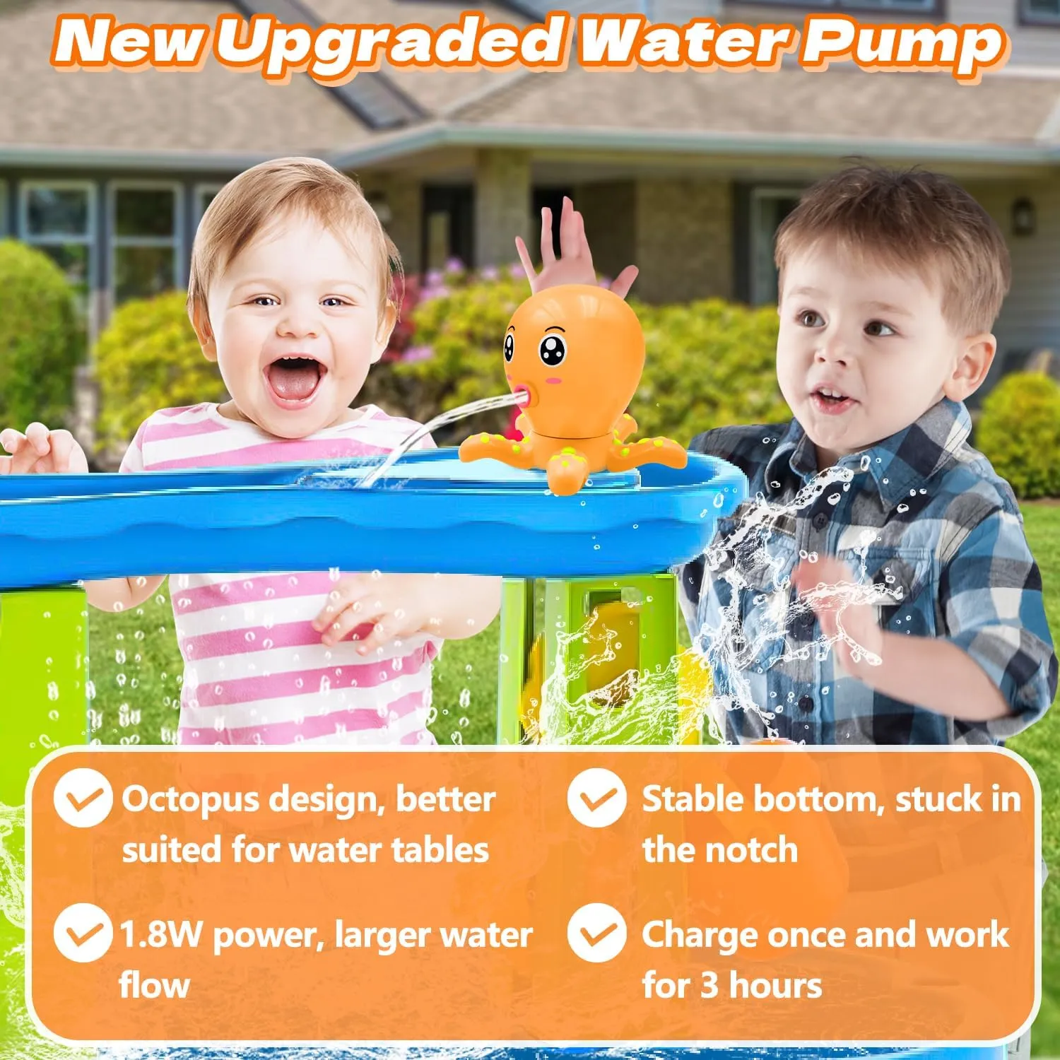 Octopus Water Table Pump, Battery Powered Water Pump for Water Table 3 Hours Non-Stop Fun Summer Outdoor Sand/Water Table Toys Outside Water Play Table Accessories for Toddlers Kids（Orange）