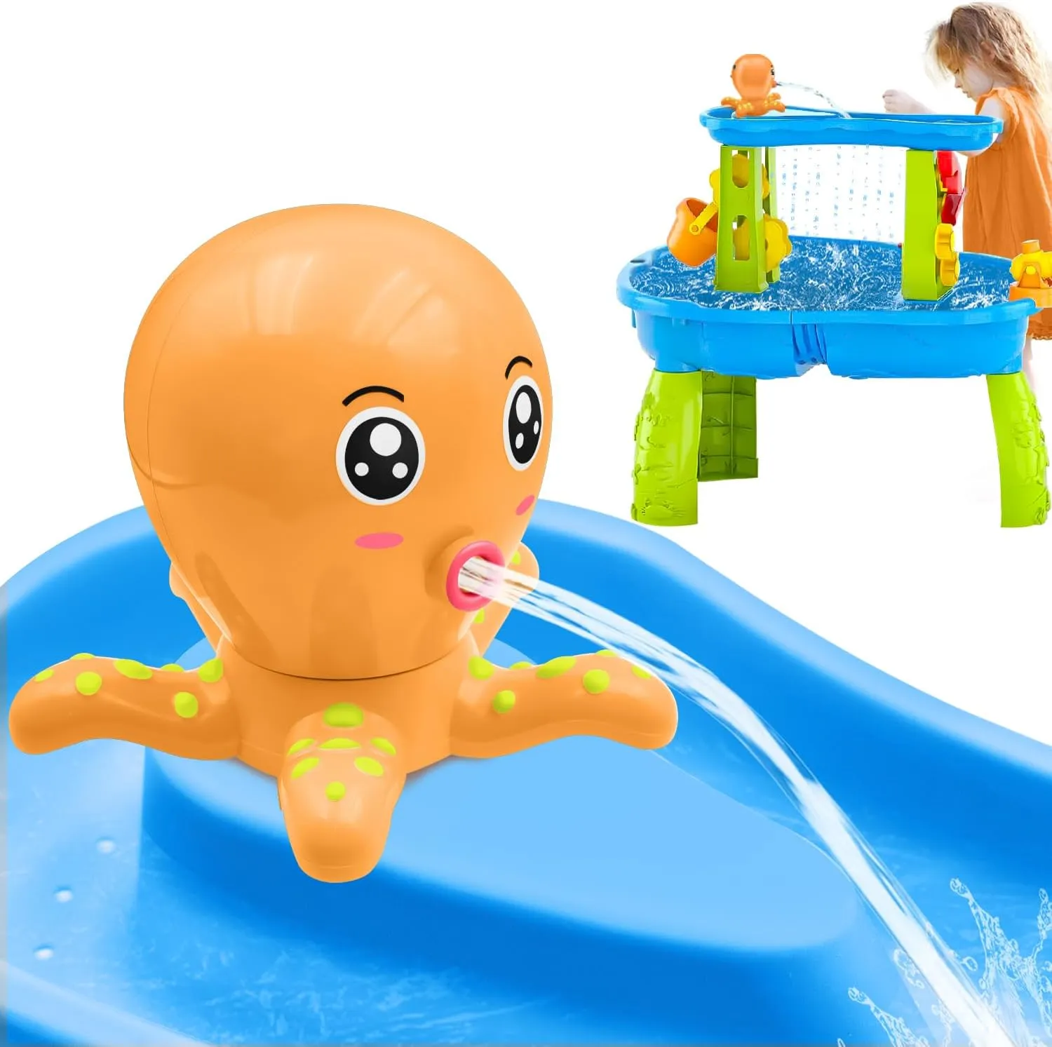 Octopus Water Table Pump, Battery Powered Water Pump for Water Table 3 Hours Non-Stop Fun Summer Outdoor Sand/Water Table Toys Outside Water Play Table Accessories for Toddlers Kids（Orange）