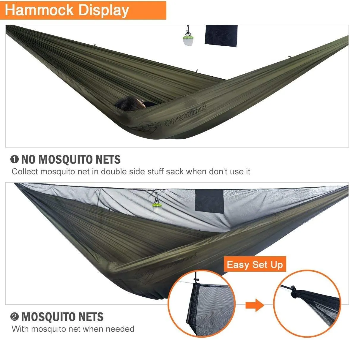onewind Camping Hammock with Rain Fly and Bug Net Portable Lightweight 11ft Double Hammock with 12ft Ultralight Silnylon Tarp and Mosquito Net Ridgeline 12Ft Tree Straps for Camping Hiking Backpacking