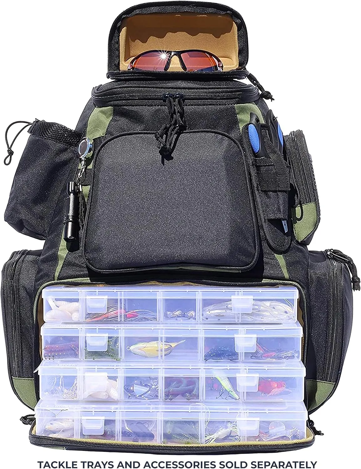 OSAGE RIVER Fishing Backpack, Fits 4 Large Tackle Boxes MOLLE Webbing Rod Holder Waterproof Cover, Includes Pliers Flashlight