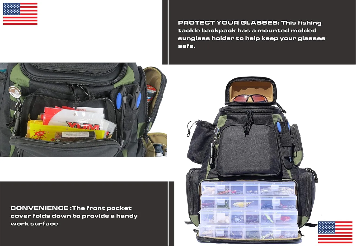 OSAGE RIVER Fishing Backpack, Fits 4 Large Tackle Boxes MOLLE Webbing Rod Holder Waterproof Cover, Includes Pliers Flashlight