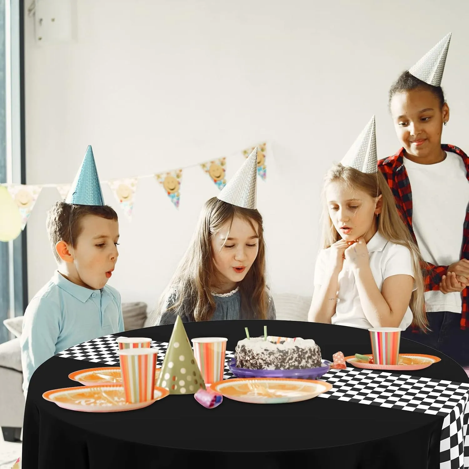 Oudain Cars Birthday Racing Decorations - Round Tablecloth, Checkered Flag Table Covers, Road Plastic Table Cloth, 1950s Disco Dancing Party Tablecloth (Black,6 Pcs)