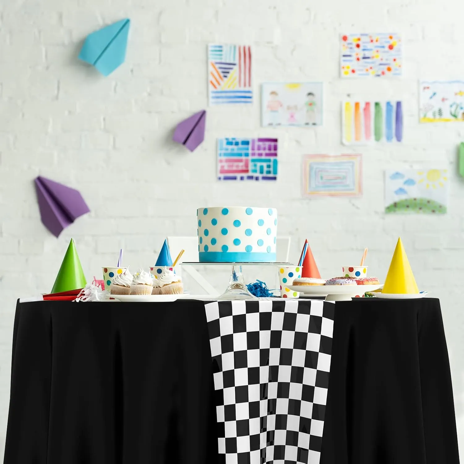 Oudain Cars Birthday Racing Decorations - Round Tablecloth, Checkered Flag Table Covers, Road Plastic Table Cloth, 1950s Disco Dancing Party Tablecloth (Black,6 Pcs)