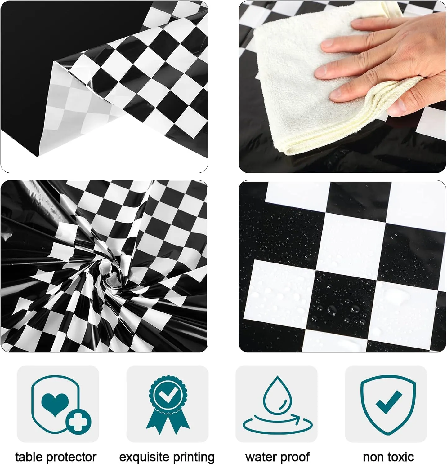 Oudain Cars Birthday Racing Decorations - Round Tablecloth, Checkered Flag Table Covers, Road Plastic Table Cloth, 1950s Disco Dancing Party Tablecloth (Black,6 Pcs)