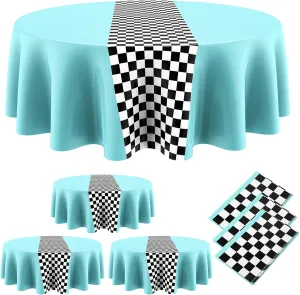 Oudain Cars Birthday Racing Decorations - Round Tablecloth, Checkered Flag Table Covers, Road Plastic Table Cloth, 1950s Disco Dancing Party Tablecloth (Blue,6 Pcs)