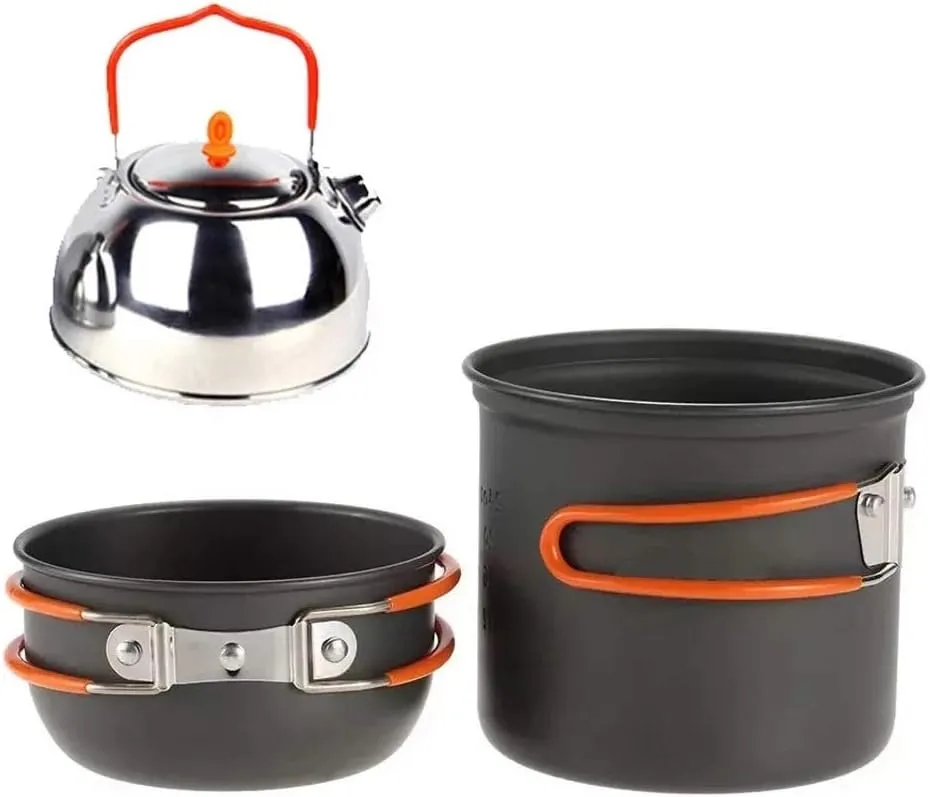Outdoor 3 pcs Pot Pan Kettle Set Camping Cookware Pot Picnic Set Handle Pan Camping Tableware Tea Kettles for Gas Cooker