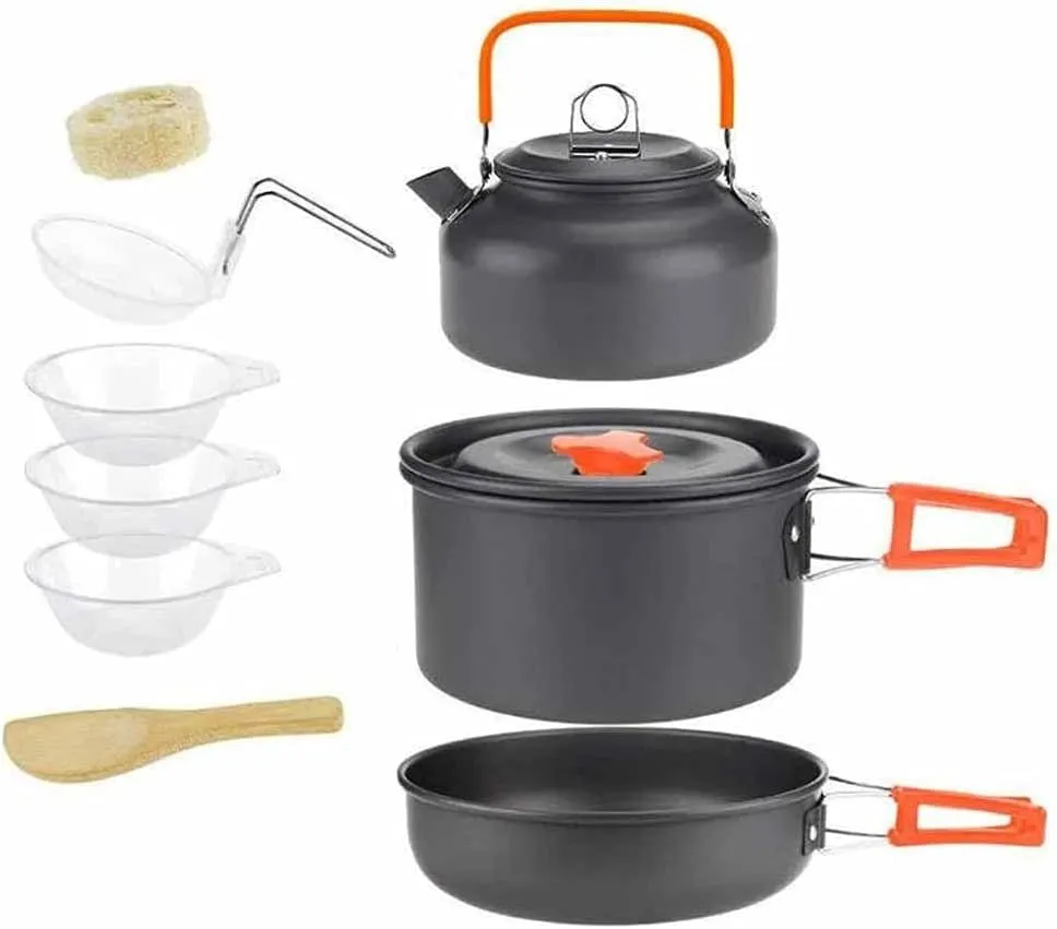 Outdoor Camping Cooking Set Pan Pot Bowl Kettle Foldable Cookware Kit Aluminum Travel Picnic Hiking Tableware Tools (Color : A) (A)