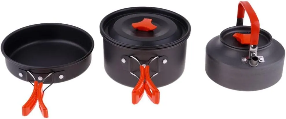 Outdoor Camping Cookware Set for 2-3 People, Weight Non Stick Pot Pan Kettle for Backpacking, Hiking, Emergency Preparedness, High-Temperature & Friction- Aluminium Cookware Set,