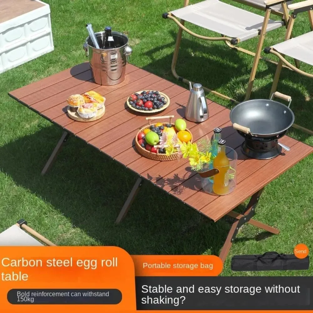 Outdoor Camping Table Folding Wood Grain Carbon Steel Egg Roll Portable Bea Table air Tourist Plate Table Camping,10 L