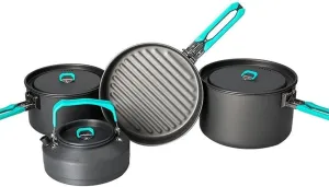 Outdoor Camping Tableware Set – 2 Pots, 1 Frypan, 1 Kettle, Alumina Cookware with Folding Handles for Backpacking, Hiking, and Picnic – Compact & Portable Cooking Set