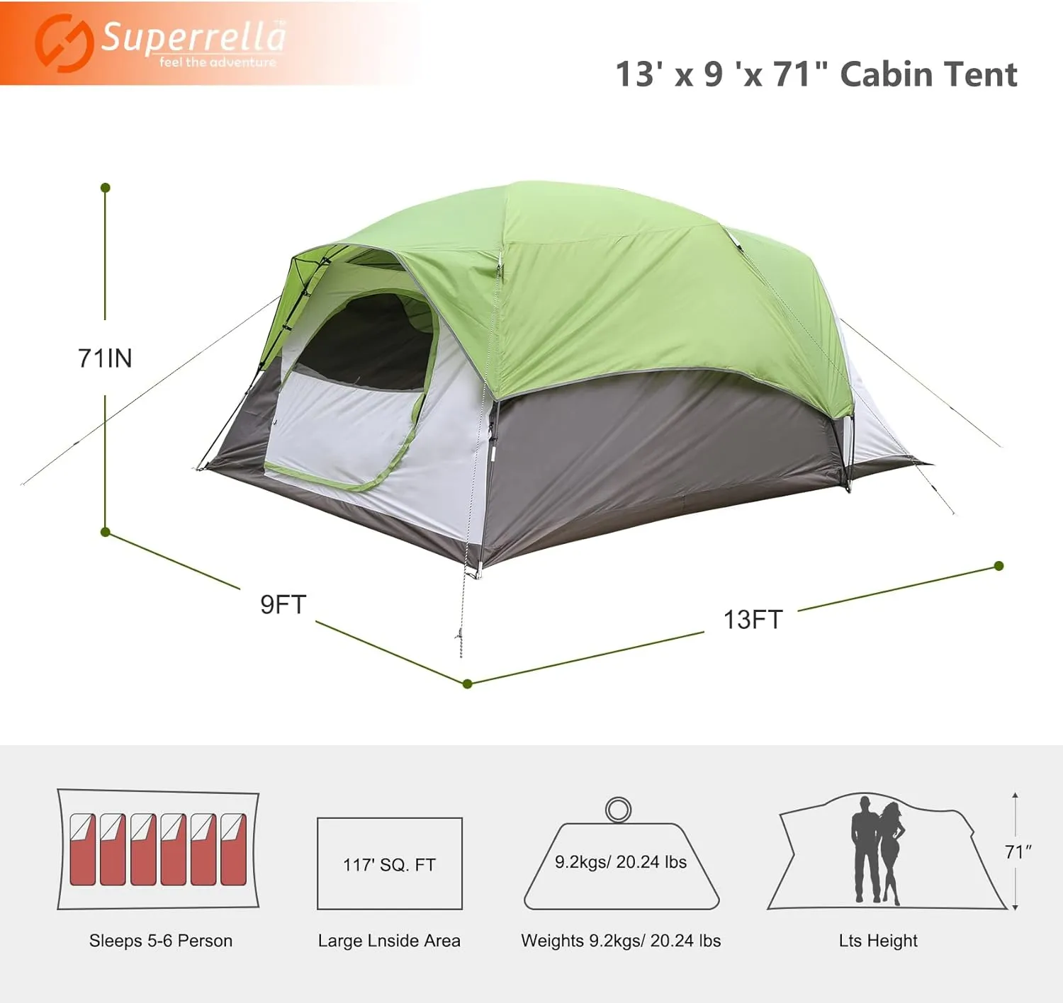 Outdoor Portable Cabin Camping Tent Double Layer for Family 5-6 Person