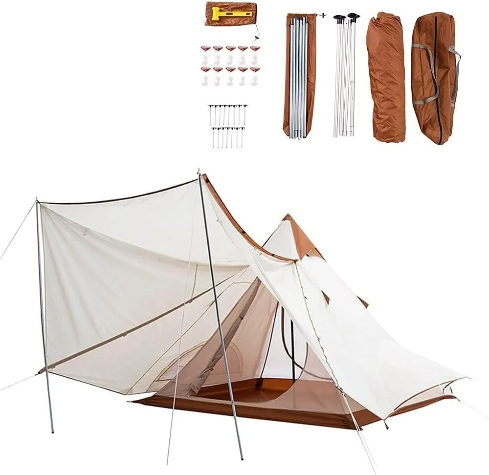 Outdoor Pyramid Tent Double Layer Indian Beach Tent, 4-6 Person Camping Mongolian Yurt Hiking Shelter with Aluminum Frame