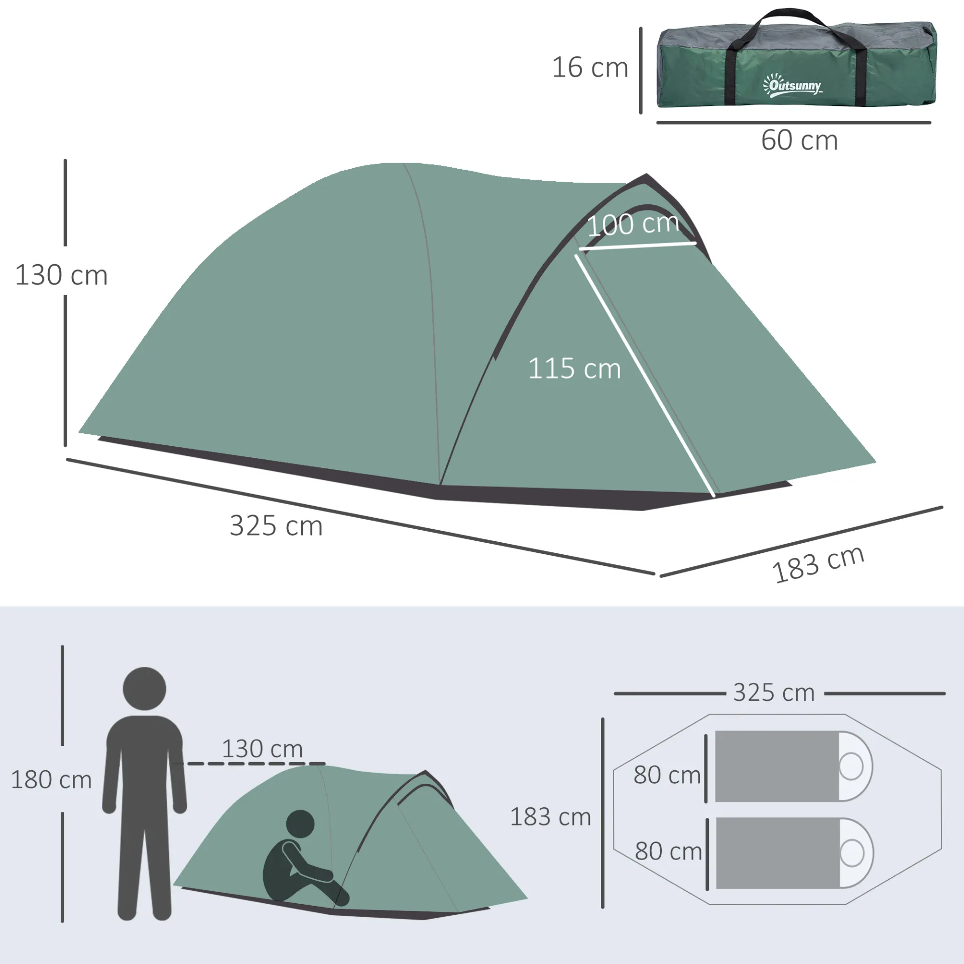 Outsunny Camping Tent w/ Dome Tent for 2-3 Person with Weatherproof Vestibule Backpacking Tent Large Windows Lightweight for Fishing & Hiking Green