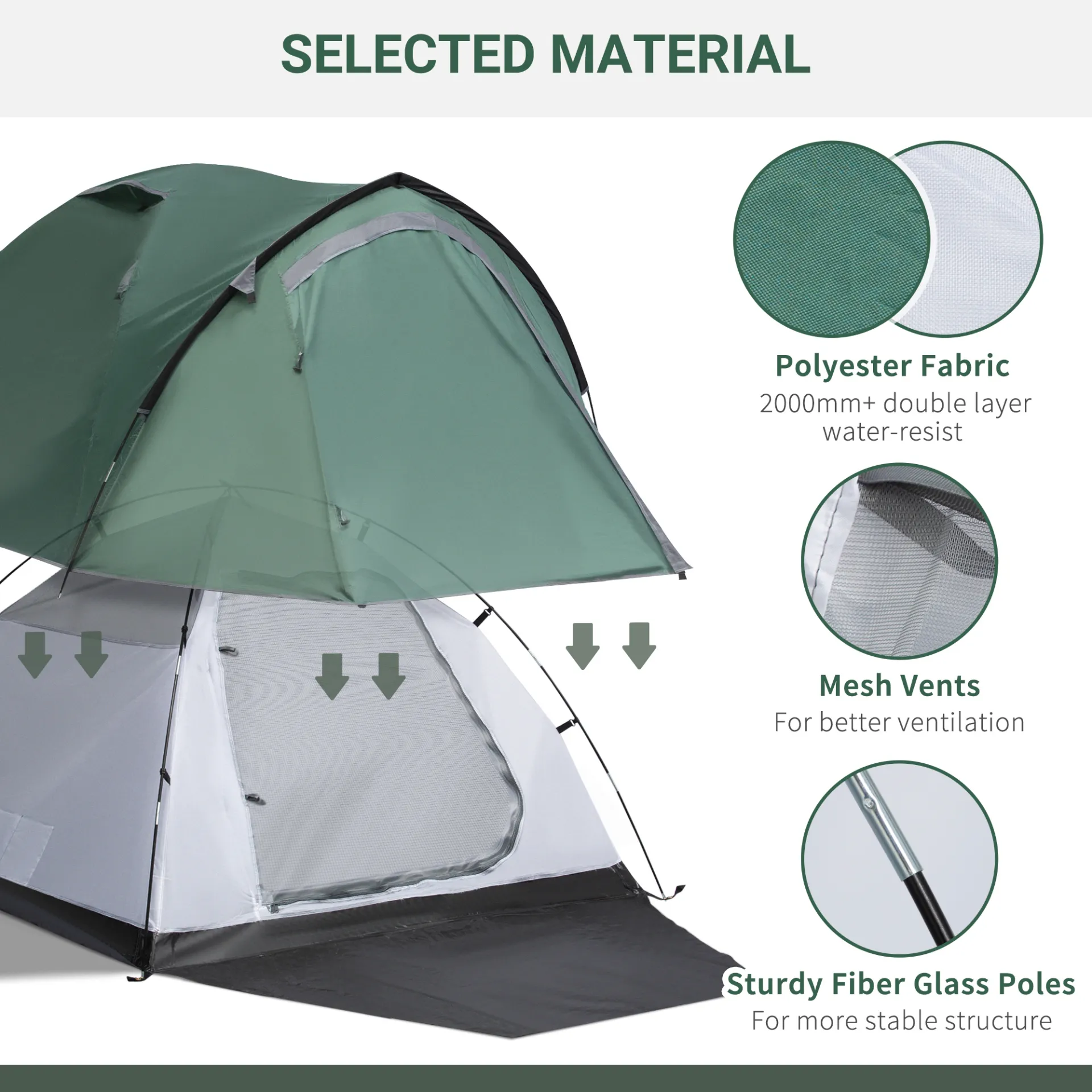 Outsunny Camping Tent w/ Dome Tent for 2-3 Person with Weatherproof Vestibule Backpacking Tent Large Windows Lightweight for Fishing & Hiking Green