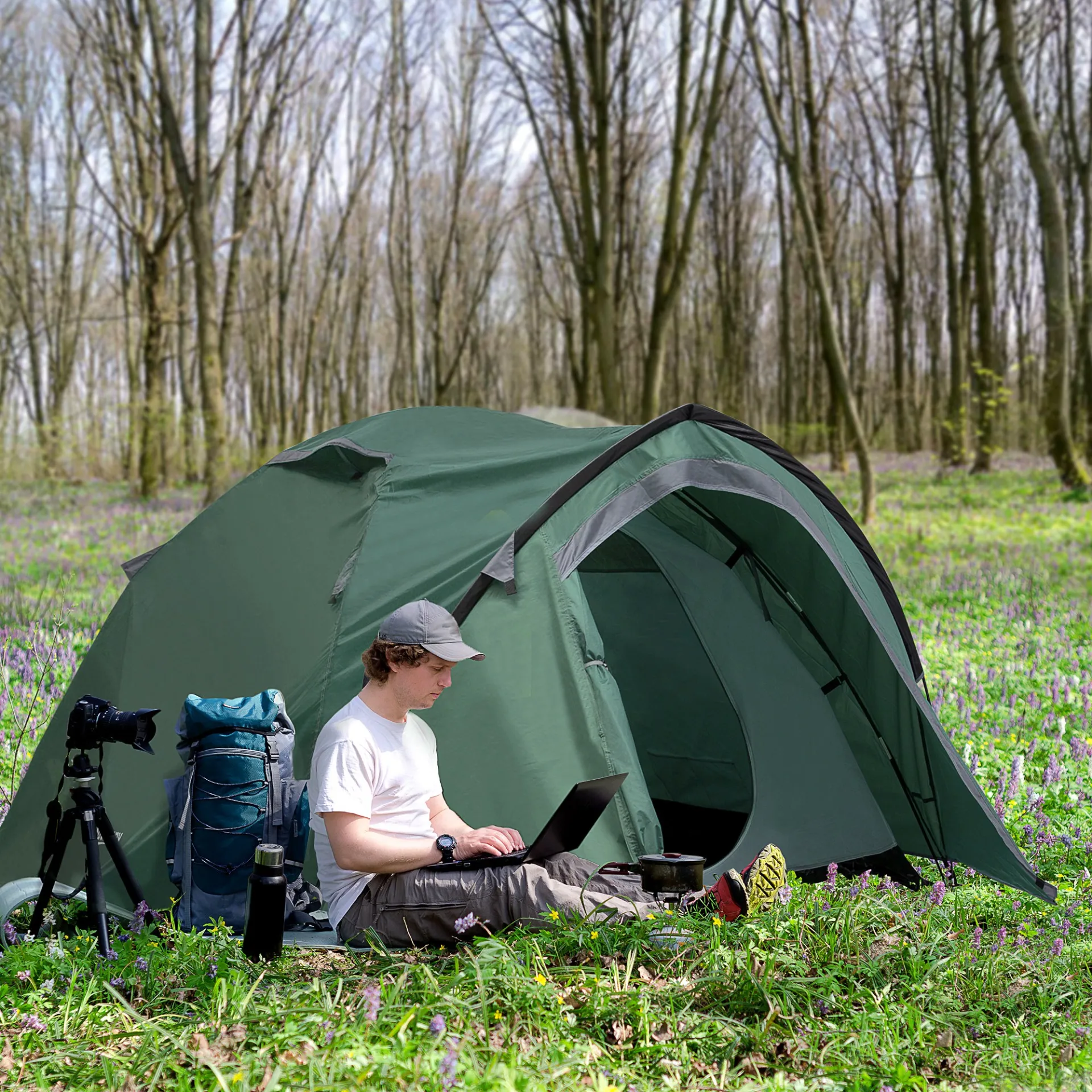 Outsunny Camping Tent w/ Dome Tent for 2-3 Person with Weatherproof Vestibule Backpacking Tent Large Windows Lightweight for Fishing & Hiking Green